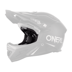 Der von der Seite gezeigte schwarze O'NEAL Liner & Cheek Pads WARP Helm verfügt über ein Visier, einen Kinnschutz, weiße Logos und Texte sowie ein geometrisch gemustertes Innenfutter.