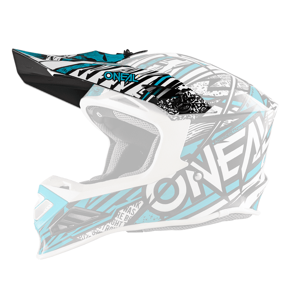 Der O'NEAL Visor 8SRS Helmet SYNTHY ist ein Motocross-Helm mit auffälligen schwarzen, weißen und blauen Grafiken, einem großen "O'NEAL"-Schriftzug an der Seite, einem Visier und Vollgesichtsschutz.