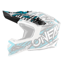 Der O'NEAL Visor 8SRS Helmet SYNTHY ist ein Motocross-Helm mit auffälligen schwarzen, weißen und blauen Grafiken, einem großen "O'NEAL"-Schriftzug an der Seite, einem Visier und Vollgesichtsschutz.