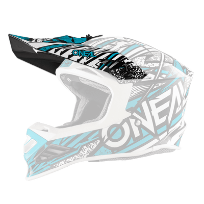 Der O'NEAL Visor 8SRS Helmet SYNTHY ist ein Motocross-Helm mit auffälligen schwarzen, weißen und blauen Grafiken, einem großen "O'NEAL"-Schriftzug an der Seite, einem Visier und Vollgesichtsschutz.