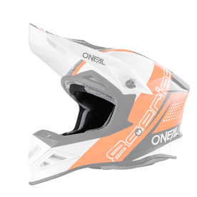 Le casque O'NEAL Liner & Cheek Pads 8SRS Youth est un casque de motocross fullface blanc, noir et orange avec une visière, des ouvertures d'aération marquées et le logo O'NEAL ainsi que l'inscription "8SRS" sur le côté.