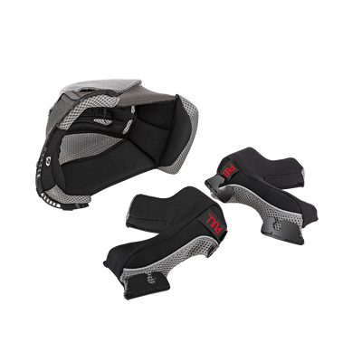 Set di tre fodere per casco O'NEAL Liner & Cheek Pads F-SRS nere e grigie, con pannelli in rete, due delle quali con la scritta "PULL" in rosso su linguette nere.