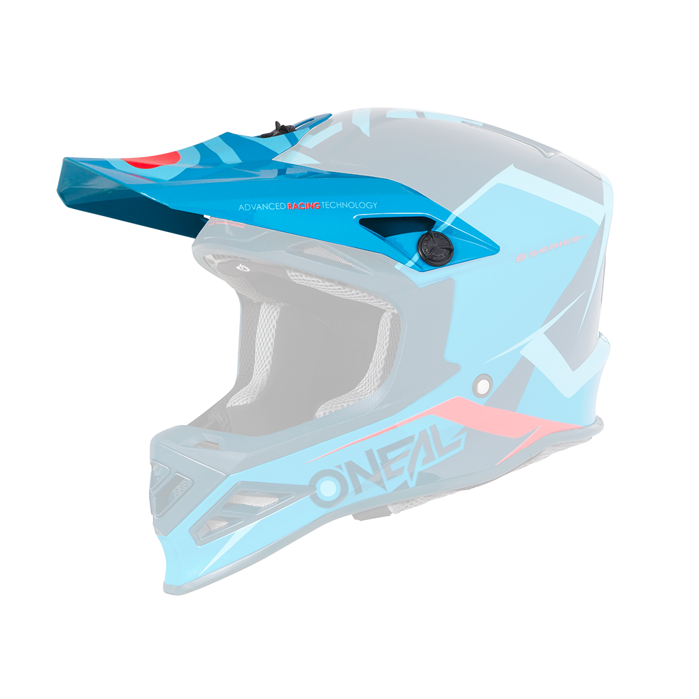 Der O'NEAL Visor 8SRS Helm BLIZZARD hat blaue, rote und hellblaue geometrische Akzente, ein Visier und Lüftungsöffnungen. Der Markenname "O'NEAL" ist an der Seite sichtbar. Der Helm ist angewinkelt dargestellt, um sein linkes Profil zu zeigen.
