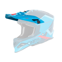 Der O'NEAL Visor 8SRS Helm BLIZZARD hat blaue, rote und hellblaue geometrische Akzente, ein Visier und Lüftungsöffnungen. Der Markenname "O'NEAL" ist an der Seite sichtbar. Der Helm ist angewinkelt dargestellt, um sein linkes Profil zu zeigen.