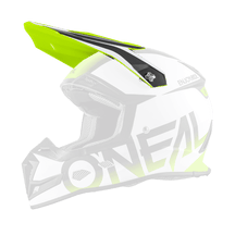 Seitenansicht des O'NEAL Visor 5SRS Helmet BLOCKER in weißem, schwarzem und leuchtend gelbem Design mit Visier, Netzbelüftung und "O'NEAL"-Schriftzug an der Seite.