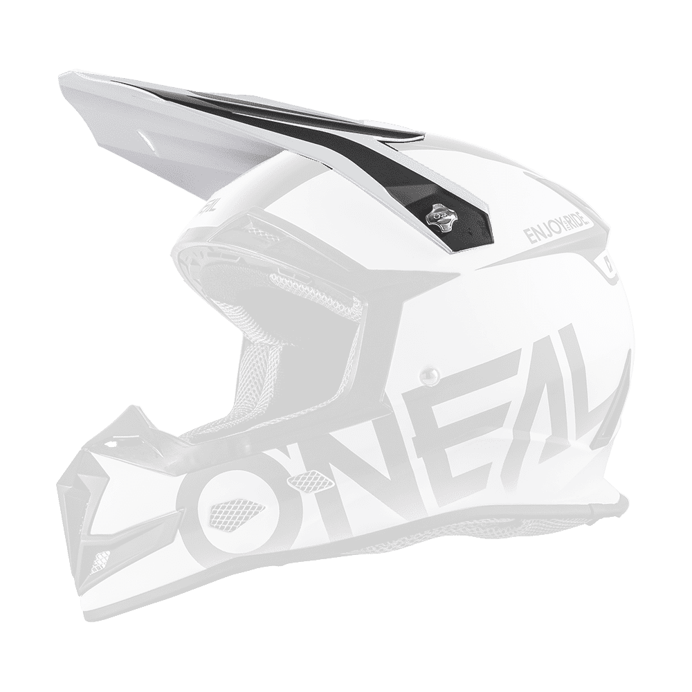 El casco O'NEAL Visor 5SRS BLOCKER es un casco todoterreno blanco y negro con visera, llamativas letras "O'NEAL", aberturas de ventilación y un diseño robusto para mayor protección.