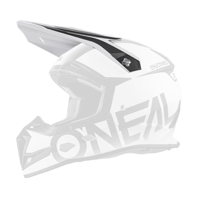 Der O'NEAL Visor 5SRS Helmet BLOCKER ist ein weiß-schwarzer Offroad-Helm mit Visier, auffälligem "O'NEAL"-Schriftzug, Belüftungsöffnungen und einem robusten Design zum Schutz.