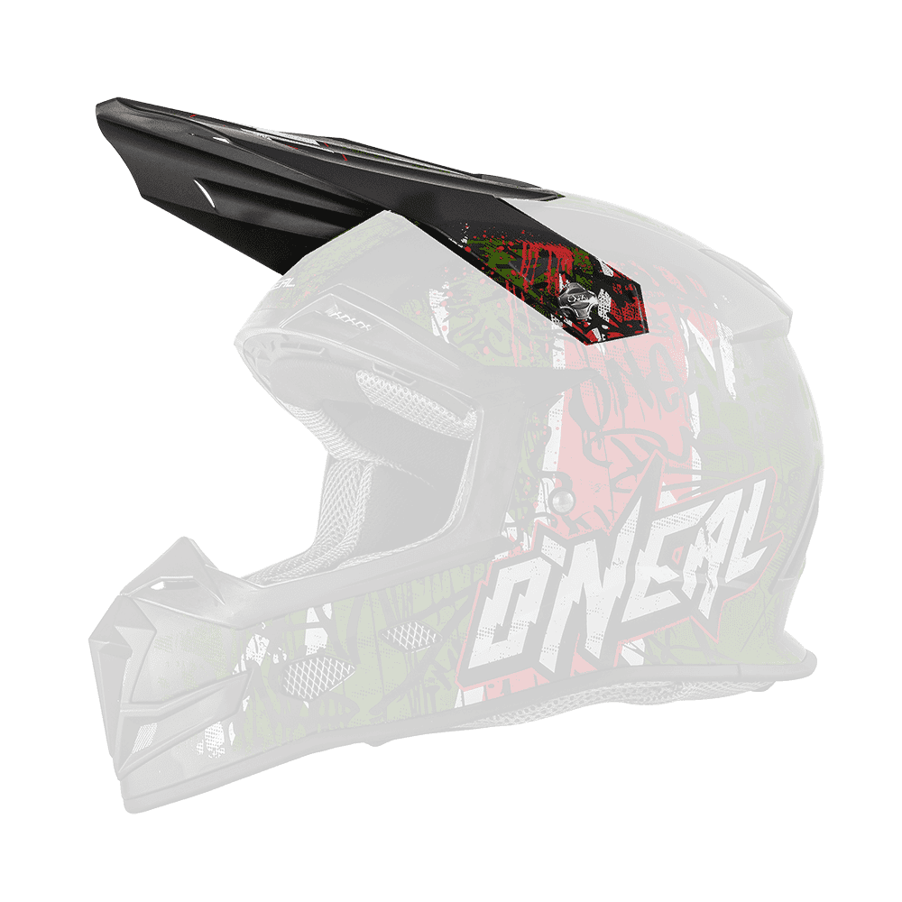 El Casco O'NEAL Visor 5SRS VANDAL es un casco de motocross negro con una llamativa visera con gráficos de graffiti en rojo, verde y blanco, y las audaces letras "O'Neal" en el lateral.