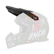 Der O'NEAL Visor 5SRS Helmet VANDAL ist ein schwarzer Motocross-Helm mit einem auffälligen Visier, das rote, grüne und weiße Graffiti-Grafiken und einen auffälligen "O'Neal"-Schriftzug an der Seite aufweist.