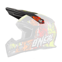 Der O'NEAL Visor 5SRS Helmet VANDAL ist ein schwarzer Motocross-Helm mit einem großen Visier, einem auffälligen weißen "O'NEAL"-Schriftzug und leuchtenden gelben, orangen und roten Graffiti-Grafiken.