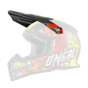 Der O'NEAL Visor 5SRS Helmet VANDAL ist ein schwarzer Motocross-Helm mit einem großen Visier, einem auffälligen weißen "O'NEAL"-Schriftzug und leuchtenden gelben, orangen und roten Graffiti-Grafiken.