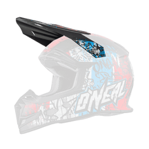 Der O'NEAL Visor 5SRS Helmet VANDAL ist ein Motocross-Helm mit Visier, auffälligen roten, blauen, schwarzen und weißen Grafiken und dem Schriftzug "O'NEAL" an der Seite.