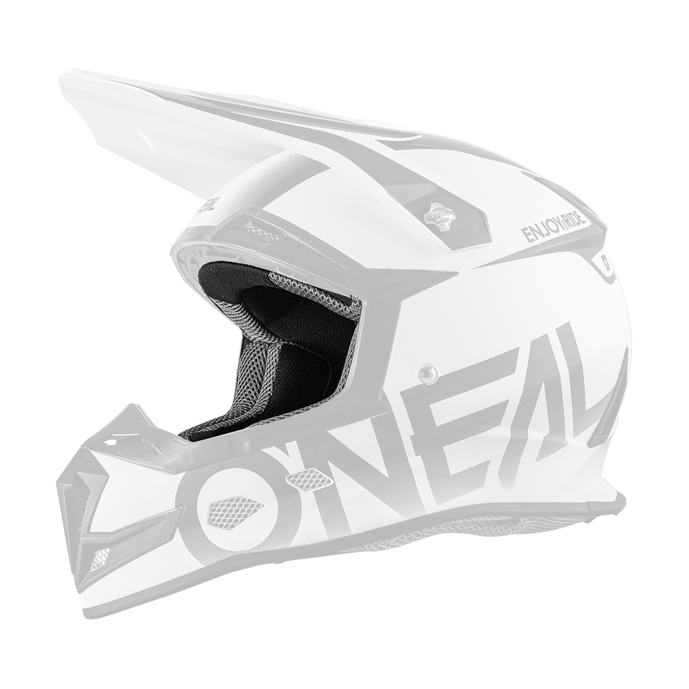 Der O'NEAL Liner & Cheek Pads 5SRS Helm ist ein weiß-schwarzer Motocross-Helm mit Visier, aerodynamischem Design, auffälligen Grafiken und Belüftungsöffnungen, hier in der Seitenansicht.