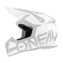 El casco O'NEAL Liner & Cheek Pads 5SRS es un casco de motocross blanco y negro con visera, diseño aerodinámico, gráficos llamativos y aberturas de ventilación, mostrado aquí en vista lateral.