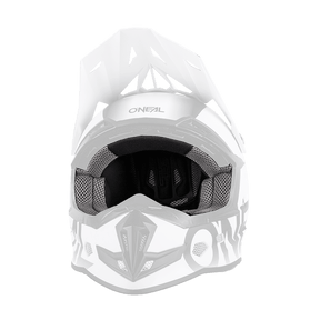 Vue de face du casque O'NEAL Liner & Cheek Pads 5SRS en blanc et noir, avec un rembourrage en filet et des détails de design anguleux, représentés sur un fond transparent.
