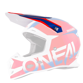 Il casco O'NEAL Visor 5SRS BLOCKER ha un design rosso, bianco e blu con accattivanti marchi laterali, visiera, aperture di ventilazione e interno imbottito. Mostrato in profilo laterale su sfondo trasparente.