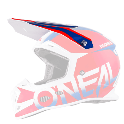 Il casco O'NEAL Visor 5SRS BLOCKER ha un design rosso, bianco e blu con accattivanti marchi laterali, visiera, aperture di ventilazione e interno imbottito. Mostrato in profilo laterale su sfondo trasparente.