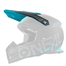El casco O'NEAL Visor 5SRS BLOCKER es un casco de motocross negro y verde azulado con acabado mate, visera, grandes aberturas de ventilación, interior acolchado y la marca "O'NEAL" en el lateral.
