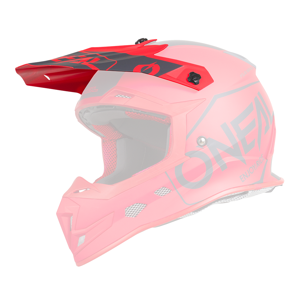 El Casco O'NEAL Visor 5SRS Hexx es un casco de motocross de color rojo brillante con la marca O'NEAL en negro, aberturas de ventilación angulares, una visera extendida y una mentonera para una protección adicional.