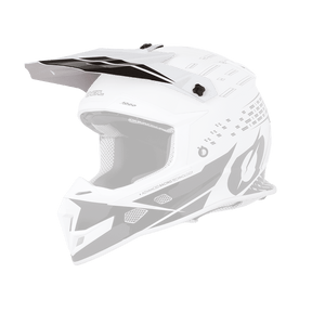 El casco O'NEAL Visor 5SRS TRACE de O'NEAL se caracteriza por un diseño ventilado en blanco y negro, un gráfico delgado y geométrico, una visera y un forro interior de malla sobre un fondo transparente.