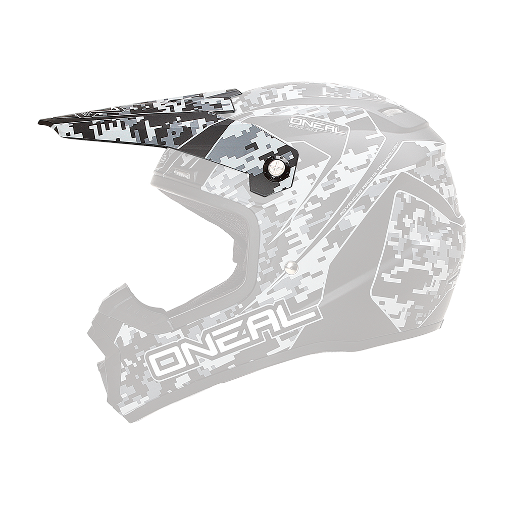 Der O'NEAL Visor 5SRS Helmet DIGI CAMO ist ein schwarzer Motocross-Helm mit grauem und weißem Digitaltarnmuster und einem auffälligen weißen O'NEAL-Branding an der Seite.