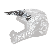 The O'NEAL Visor 5SRS Helmet DIGI CAMO is a black motocross helmet with a gray and white digital camouflage pattern and eye-catching white O'NEAL branding on the side.