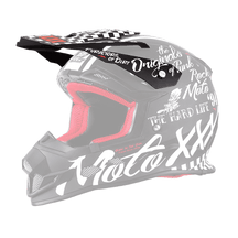 O'NEAL Visor MOTO XXX Helmet TORMENT by O'NEAL: Black motocross helmet with red interior, white graffiti text and graphics such as "Moto", "The Originals", "The Hard Life" and "Rock Moto" on a transparent background.