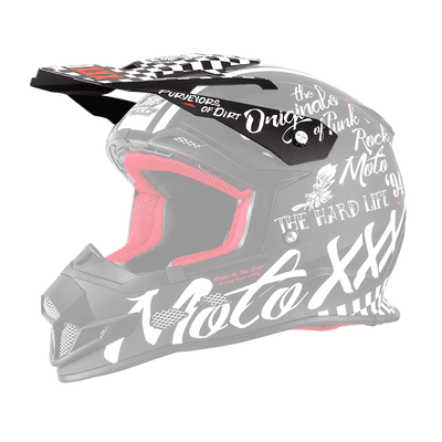 O'NEAL Visor MOTO XXX Helmet TORMENT by O'NEAL: Black motocross helmet with red interior, white graffiti text and graphics such as "Moto", "The Originals", "The Hard Life" and "Rock Moto" on a transparent background.