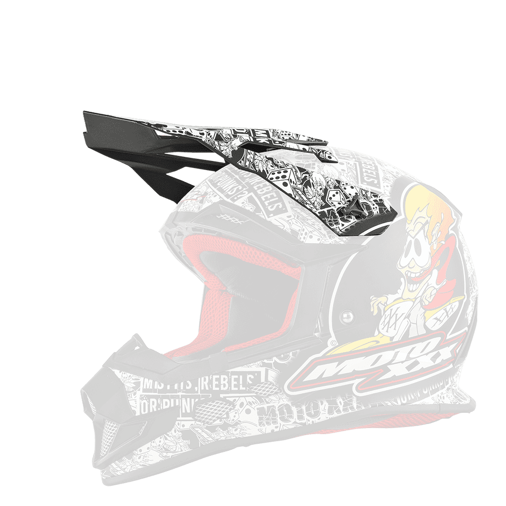 Der O'NEAL Visor MOTO XXX Helmet OG CHARACTER ist ein schwarz-weißer Motocross-Helm mit auffälligen grafischen Motiven, Cartoon-Art, roter Innenpolsterung und "MOTO XX" in Gelb, Rot und Weiß an der Seite.