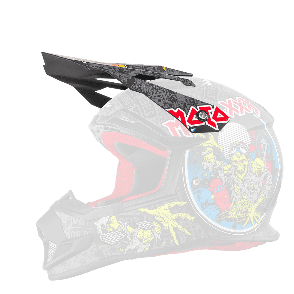 Der O'NEAL Visor MOTO XXX Helm WORLD TOUR verfügt über eine schwarze Schale mit roter Innenseite, Graffiti-Stil Cartoon-Monster-Grafiken in gelb, grün, blau und rot sowie "MADAXX" in fetten roten Buchstaben an der Seite.