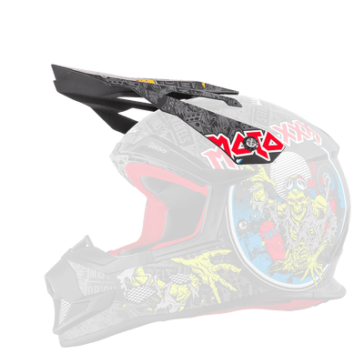 El casco O'NEAL Visor MOTO XXX WORLD TOUR presenta una carcasa negra con el interior rojo, gráficos de monstruos de dibujos animados estilo graffiti en amarillo, verde, azul y rojo y "MADAXX" en letras rojas llamativas en el lateral.