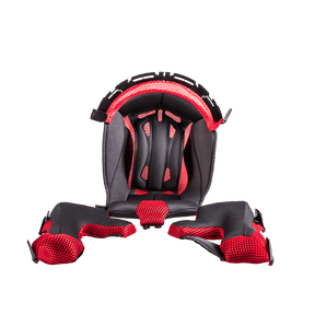 Der O'NEAL Liner & Cheek Pads MOTO XXX Helm verfügt über ein schwarzes und rotes gepolstertes Innenfutter mit Belüftungsnetz für Komfort und Schutz im Inneren Ihres Helms, dargestellt auf einem weißen Hintergrund.