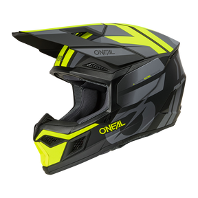 The O'NEAL 3SRS Helmet RIDE is a black/grey/neon yellow motocross helmet with geometric patterns, a visor and O'NEAL branding on the side and front.