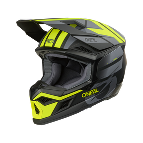 The O'NEAL 3SRS Helmet RIDE is a black and neon yellow motocross helmet with visor, angular design and mesh lining, displayed from the side on a solid color background.