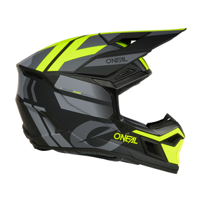 The O'NEAL 3SRS Helmet RIDE is a matte black and gray motocross helmet with bright yellow geometric accents, a visor, the O'NEAL logo on the side and a modern angular design.