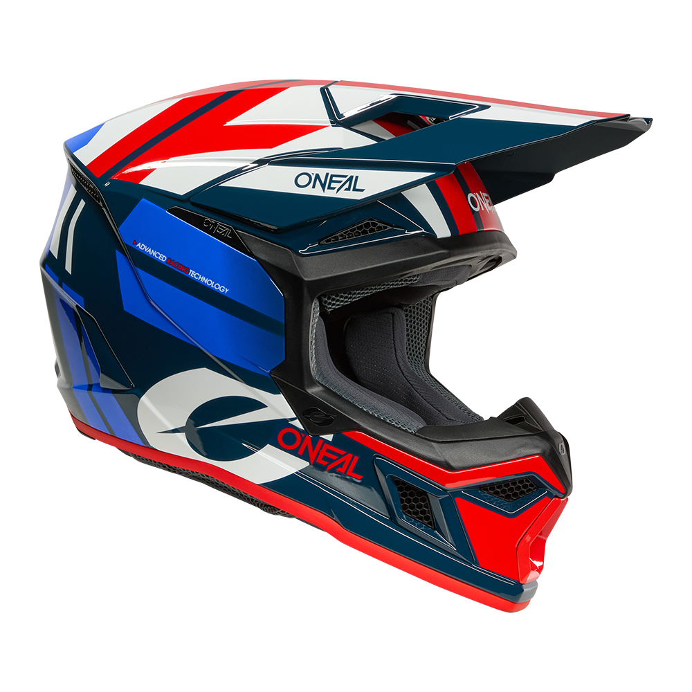 Der O'NEAL 3SRS Helmet RIDE ist ein farbenfroher Motocross-Helm mit Visier und Kinnschutz, der mit blauen, roten und weißen geometrischen Mustern und dem Markennamen O'NEAL an mehreren Stellen versehen ist.