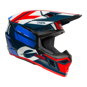 The O'NEAL 3SRS Helmet RIDE is a colorful motocross helmet with visor and chin guard, featuring blue, red and white geometric patterns and the O'NEAL brand name in several places.