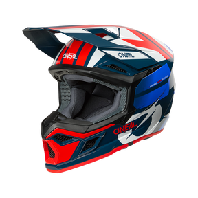 The O'NEAL 3SRS Helmet RIDE is a motocross helmet with a red, white, blue and black graphic design, visor, chin guard and O'NEAL branding on the side and front.