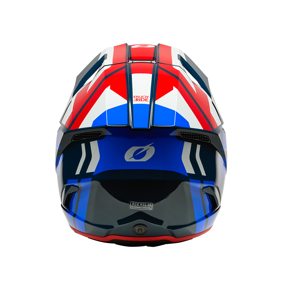Der O'NEAL 3SRS Helm RIDE by O'NEAL, von oben gesehen, hat ein auffälliges Design in den Farben Rot, Blau, Weiß und Schwarz mit dem Aufdruck "ENJOY RIDE!".