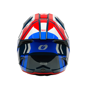The O'NEAL 3SRS helmet RIDE by O'NEAL, seen from above, has an eye-catching design in the colors red, blue, white and black with the imprint "ENJOY RIDE!".
