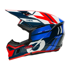 Side view of the O'NEAL 3SRS helmet RIDE with geometric design in red, blue, white and black, visor, large chin logo and label with advanced impact technology.
