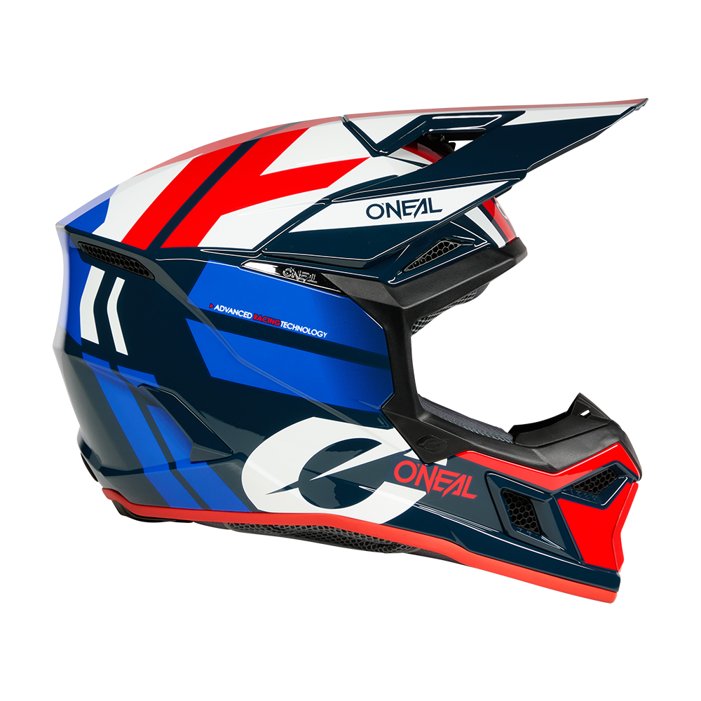 Der O'NEAL 3SRS Helm RIDE zeichnet sich durch ein geometrisches Design in Rot, Weiß und Blau, ein markantes Visier, Belüftungsöffnungen und den O'NEAL-Markennamen an der Seite aus.