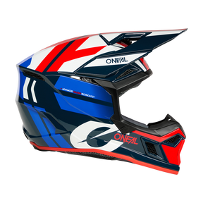 The O'NEAL 3SRS helmet RIDE is characterized by a geometric design in red, white and blue, a striking visor, ventilation openings and the O'NEAL brand name on the side.