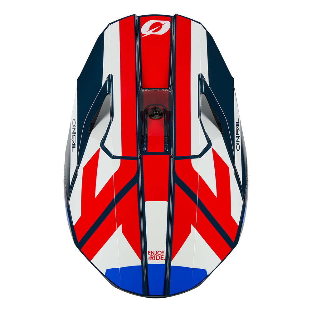 Eine Draufsicht auf den eleganten, modernen O'NEAL 3SRS Helm RIDE, der sich durch ein auffälliges geometrisches Muster in Rot, Weiß und Blau auszeichnet, mit dem O'NEAL-Logo im oberen Bereich und dem Text RIDE" in der unteren Mitte.