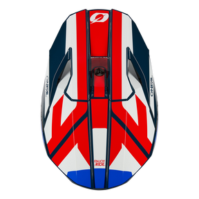 A top view of the sleek, modern O'NEAL 3SRS helmet RIDE, featuring an eye-catching geometric pattern in red, white and blue, with the O'NEAL logo at the top and the text "RIDE" at the bottom center.