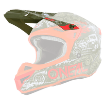 The O'NEAL Visor 5SRS Polyacrylite Helmet HR features a visor, a camouflage design with red accents, eye-catching red "O'NEAL" lettering on the side and stylized car and flame images.
