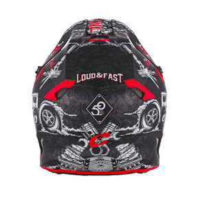 The O'NEAL 5SRS Polyacrylite Helmet HR is a motocross helmet with a durable shell, eye-catching black, white and red graphics of engines and wheels, "LOUD & FAST" lettering and a "50" emblem on the back.