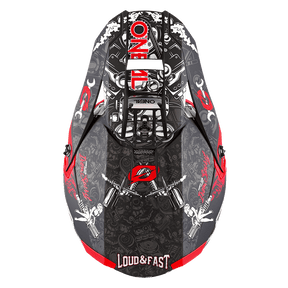 Top view of the O'NEAL 5SRS Polyacrylite helmet HR in black with eye-catching red, white and gray graphics with skulls, motorcycles and the text "LOUD & FAST". Eye-catching design by O'NEAL made from durable polyacrylite material.