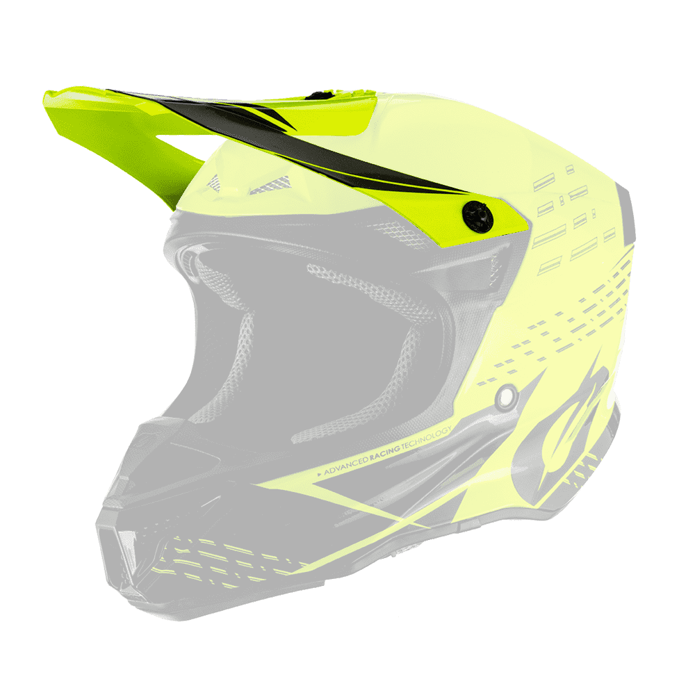 El Casco O'NEAL Visor 5SRS Poliacrilita TRACE es un casco de motocross amarillo y negro con visera, ventilaciones aerodinámicas y gráficos laterales sobre fondo transparente.