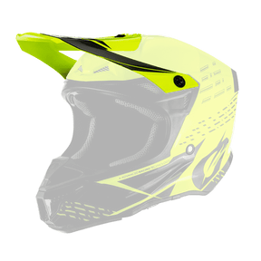 El Casco O'NEAL Visor 5SRS Poliacrilita TRACE es un casco de motocross amarillo y negro con visera, ventilaciones aerodinámicas y gráficos laterales sobre fondo transparente.